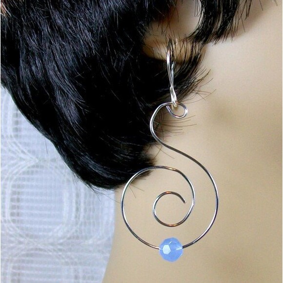 Silver Dangle Spiral Earrings with Blue Stone Handmade Lightweight Drop Earrings - Picture 4 of 8